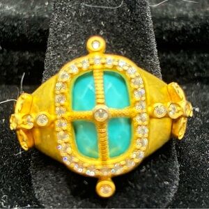 Freida Rothman 14kt Gold over Sterling with Turquoise and CZs Statement Ring Sz9